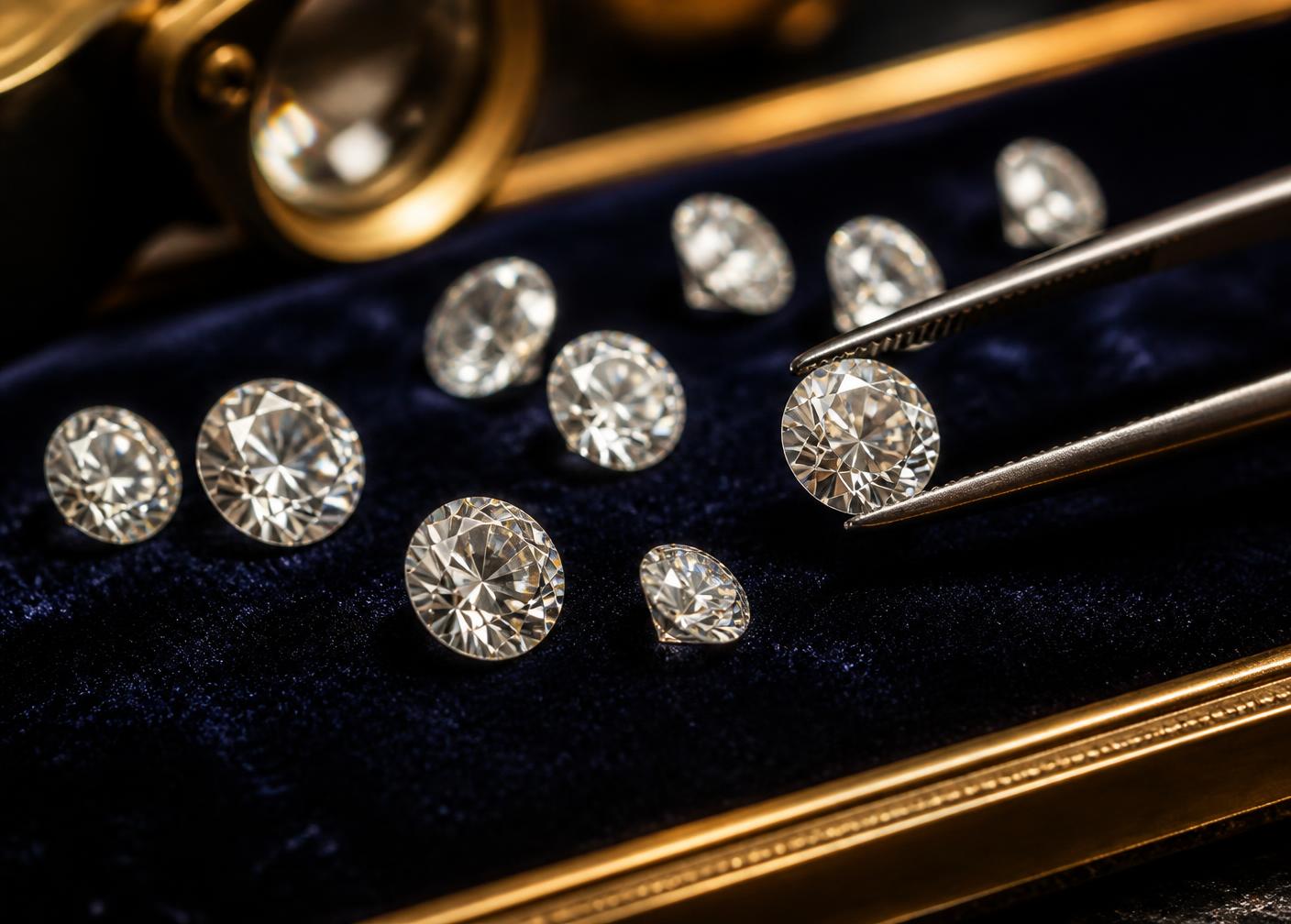 Loose brilliant-cut diamonds on navy velvet beside a jeweler's loupe